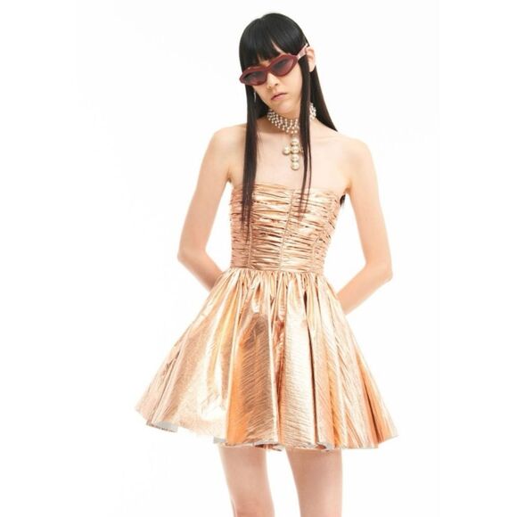 NWT ANIYE BY Malu Mini Dress Strapless Metallic Gold Womens M Circle Skirt Party - Picture 1 of 16
